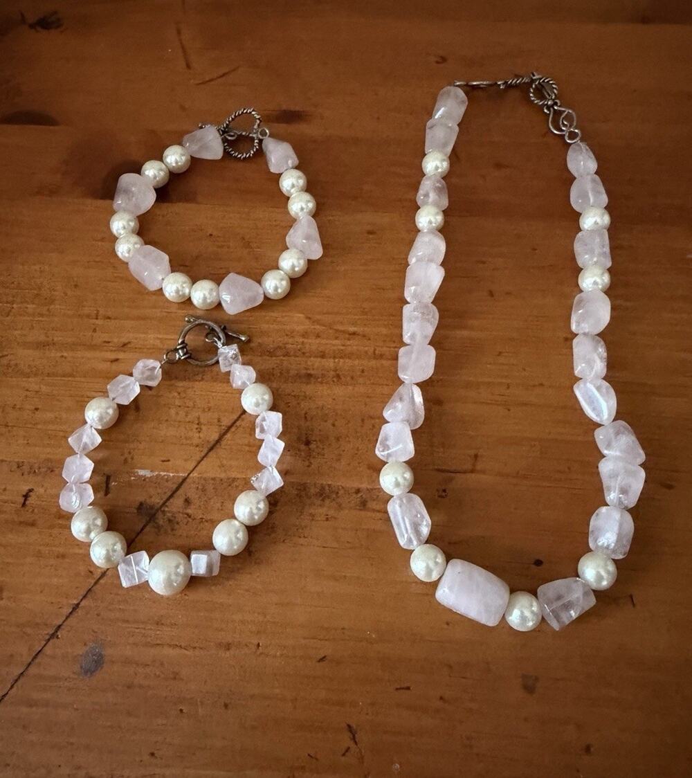 Handmade Rose Quartz Faux Pearl Necklace Bracelet Set Cottagecore